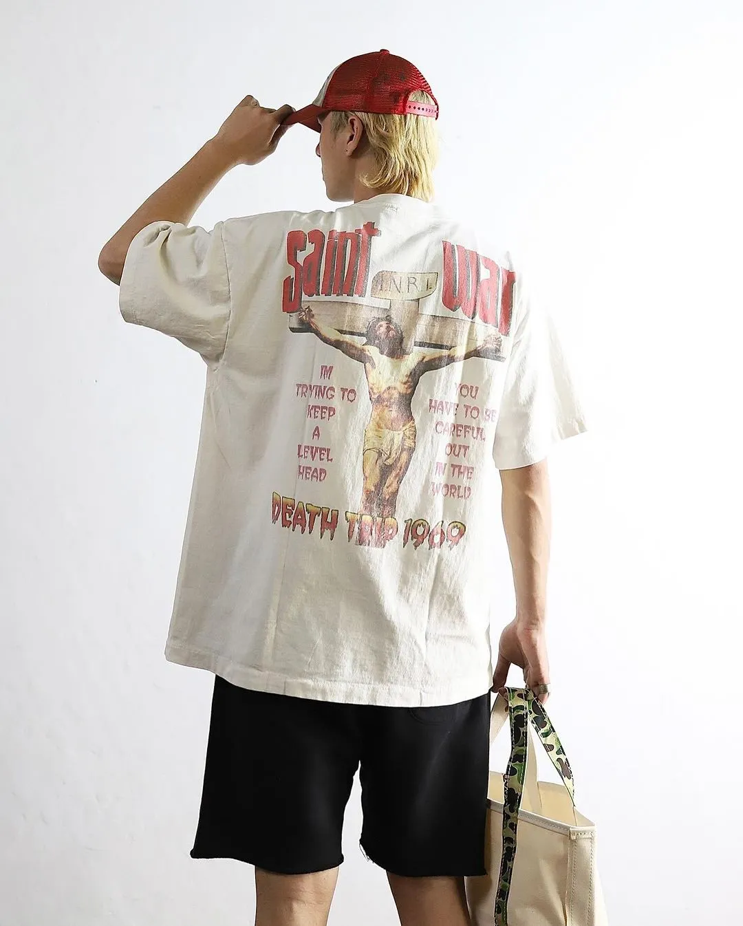 SAINT MICHAEL SAINT WAR TEE/WHAT new style Jesus cross retro short-sleeved, off-white S-XL, ready-to-wear, washed and distressed, printed repeatedly and modified, tube-woven seamless fabric, with little angel anti-counterfeiting label